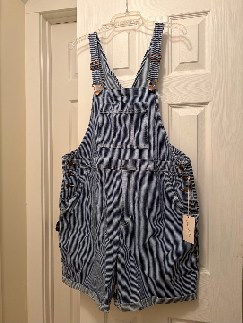 Universal Blue and White Striped Denim Overalls with Copper Hardware